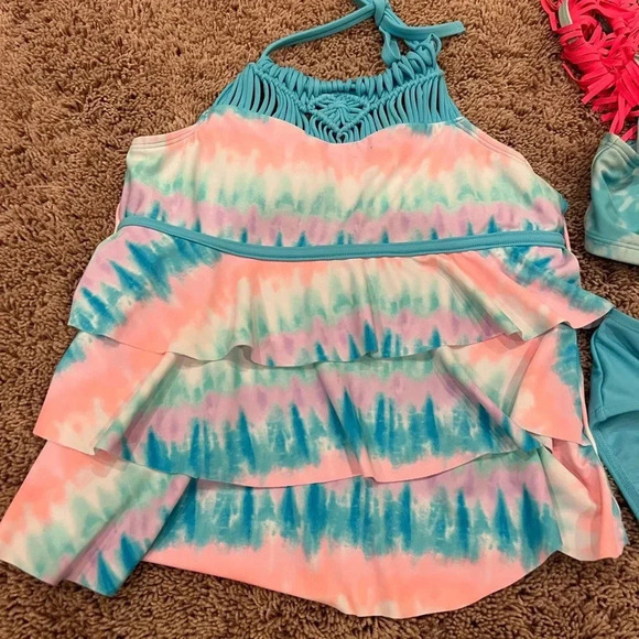 Justice girls large 12 swim set top bottom bikini tankini blue tie dye fringe - Picture 5 of 11